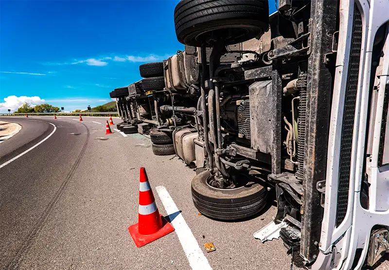 crashed truck overturned on the road, 18 wheeler accident lawyer